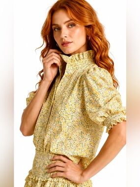 Love the Label Liberty Fabric Floral Ruffle Blouse Yellow Pink Cottagecore S‎